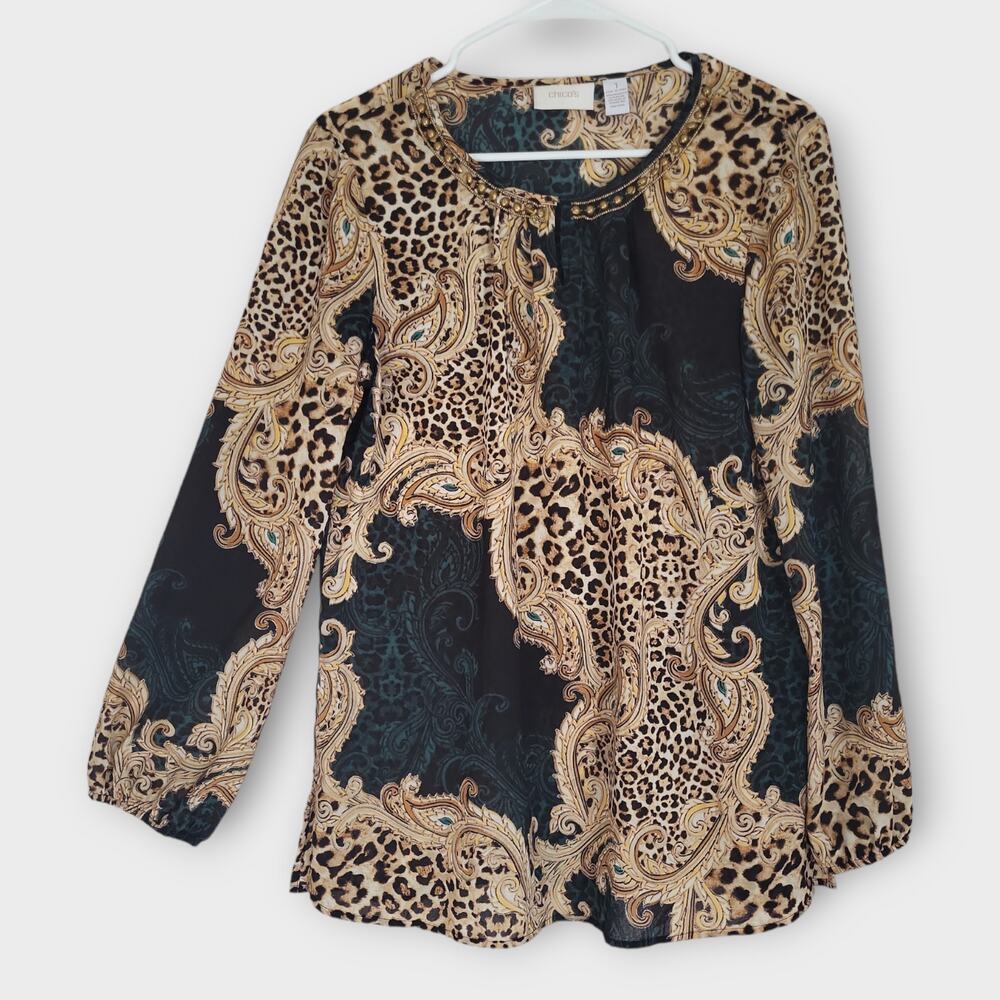 Chicos Womens Blouse Chicos 1 Standard Size 8 Leopard Print Sheer Lightweight